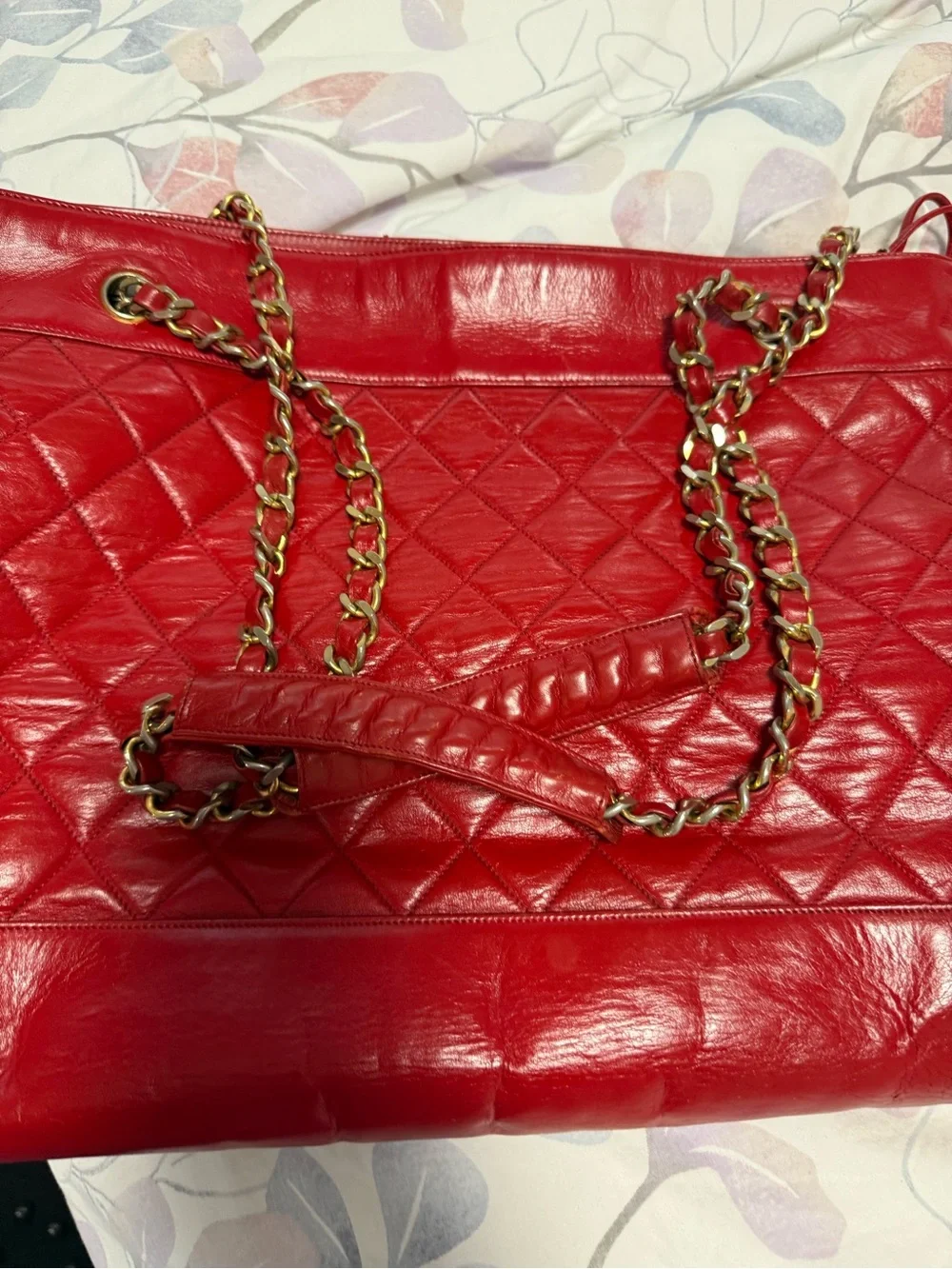 CHANEL Red Quilted Leather Chain-Handle Tote